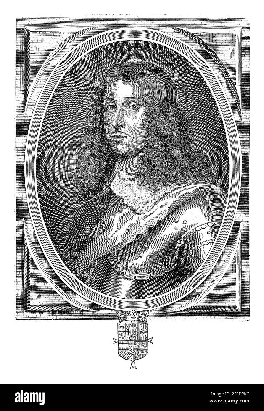 Portrait de Jean d'Autriche, gouverneur des pays-Bas. Il porte une armure et une pendentif de l'ordre du Saint-Esprit. Dans la marge sont les armoiries Banque D'Images