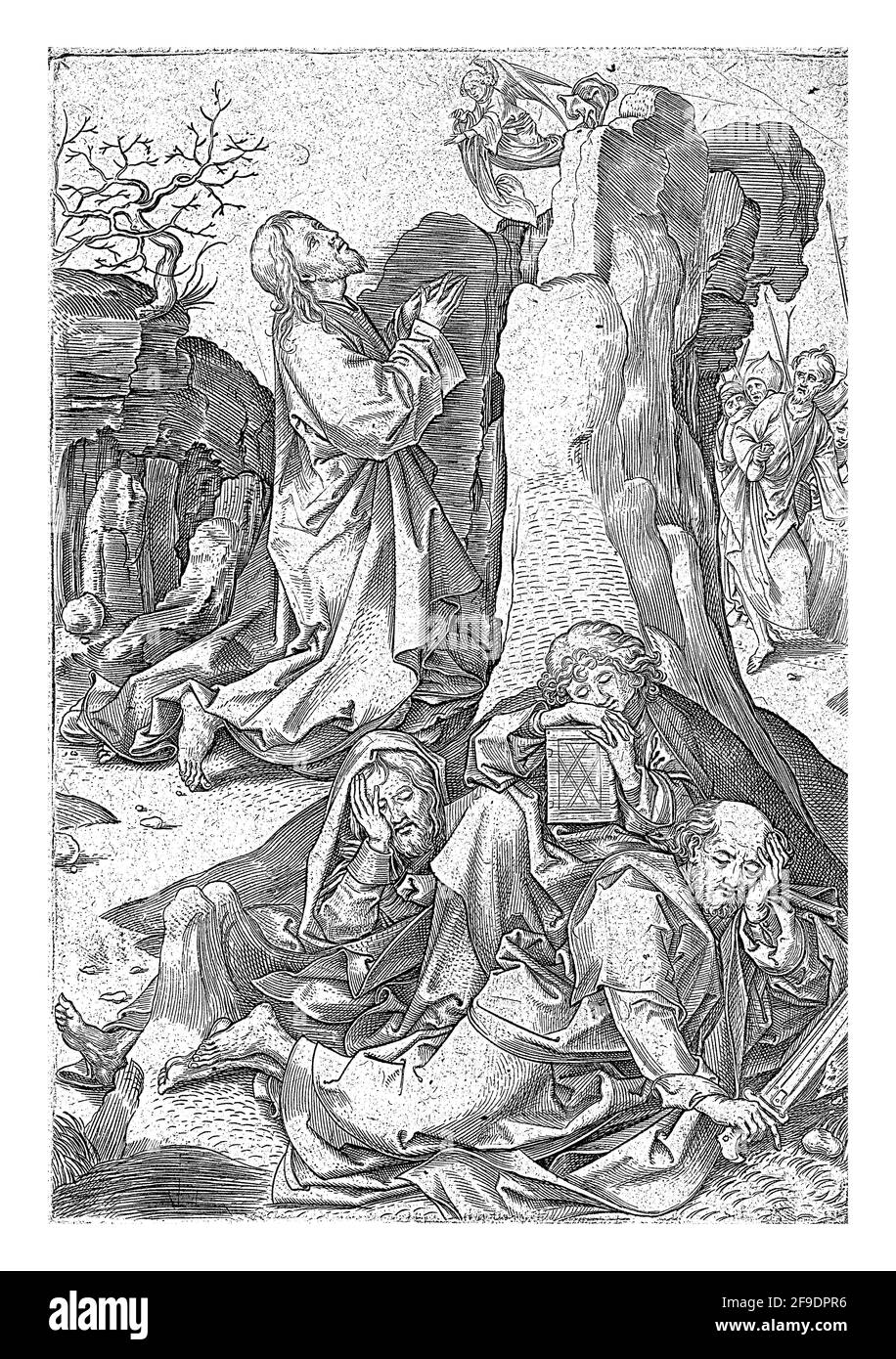 Le Christ prie ses genoux et garde ses yeux sur un ange. Au premier plan, le Pierre endormi, James et John. Banque D'Images