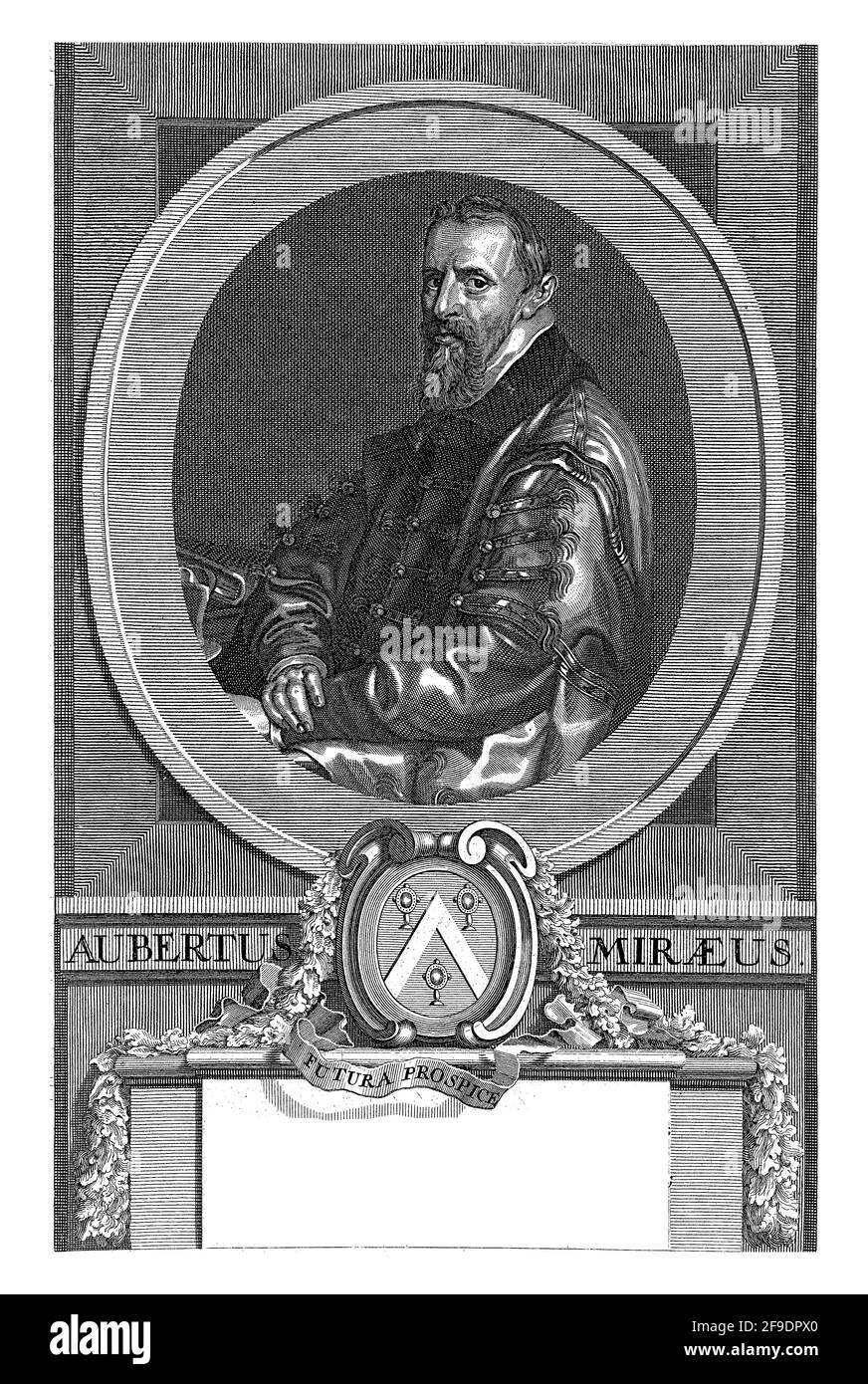 Portrait de l'Aubertus Miraeus, demi-figure ovale. Sous une blason portrait avec guirlande de feuilles de chêne sur socle avec texte latin en quatre lignes. Banque D'Images