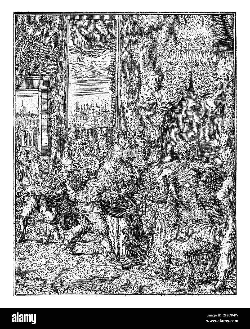 Vasco da Gama et sa rétine s'inclinent devant le roi de Calcutta. Le roi est sur un trône sous une verrière. En arrière-plan une vue de Calcutta. Banque D'Images