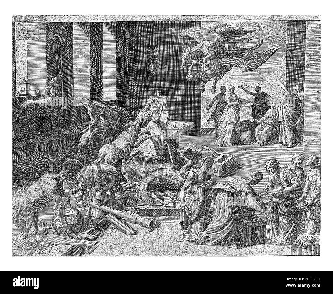 Allégorie du déclin de l'appréciation pour les arts et les sciences. Une horde d'ânes détruit les attributs des arts libéraux dans une salle d'art. Banque D'Images
