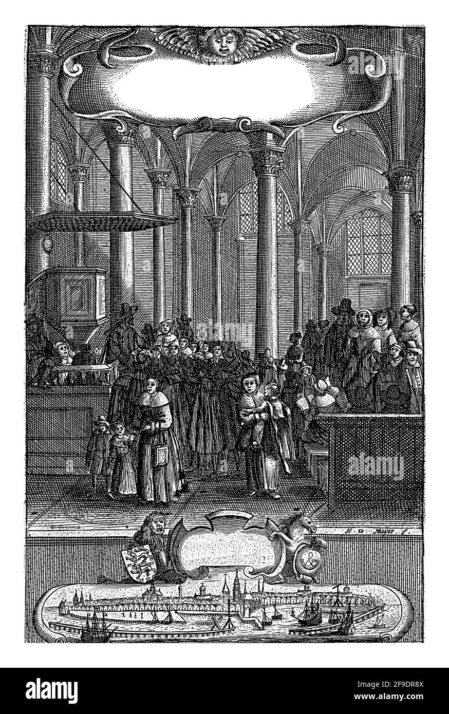 Intérieur d'une église avec une foule de personnes. A quitté la chaire. Au milieu d'une cartouche avec vue sur une ville portuaire. Banque D'Images
