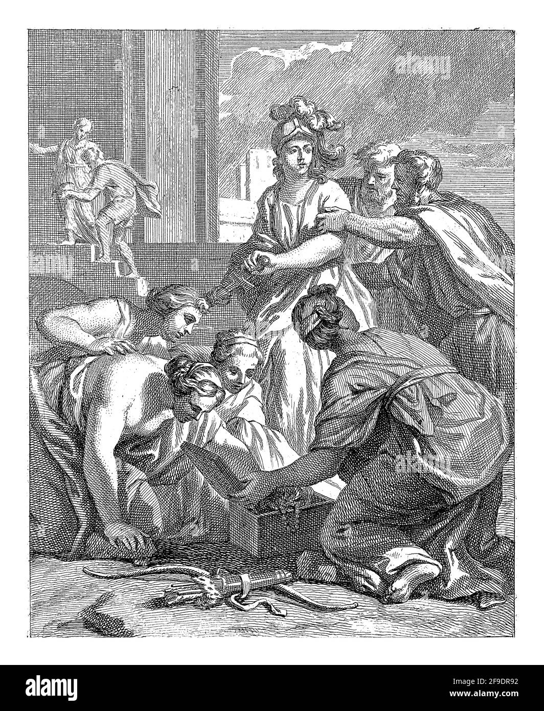 Les filles de Lycomedes s'assoient pendues sur une poitrine de bijoux tandis qu'Achilles, déguisée en femme, tire son épée. L'Achilles est saisi par le bras par deux Banque D'Images