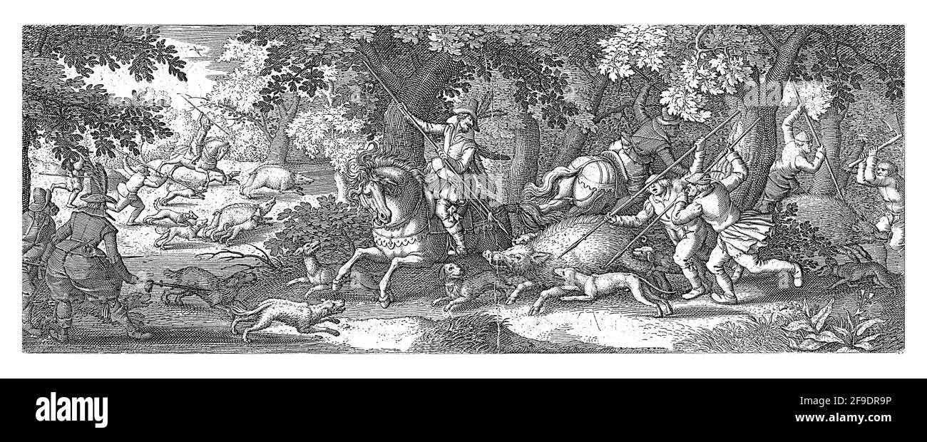 Des hommes à cheval et à pied chassent quatre porcs avec des lances et une hache. Les chiens conduisent les animaux plus loin. L'un des chiens est blessé ou mort au sol. Banque D'Images
