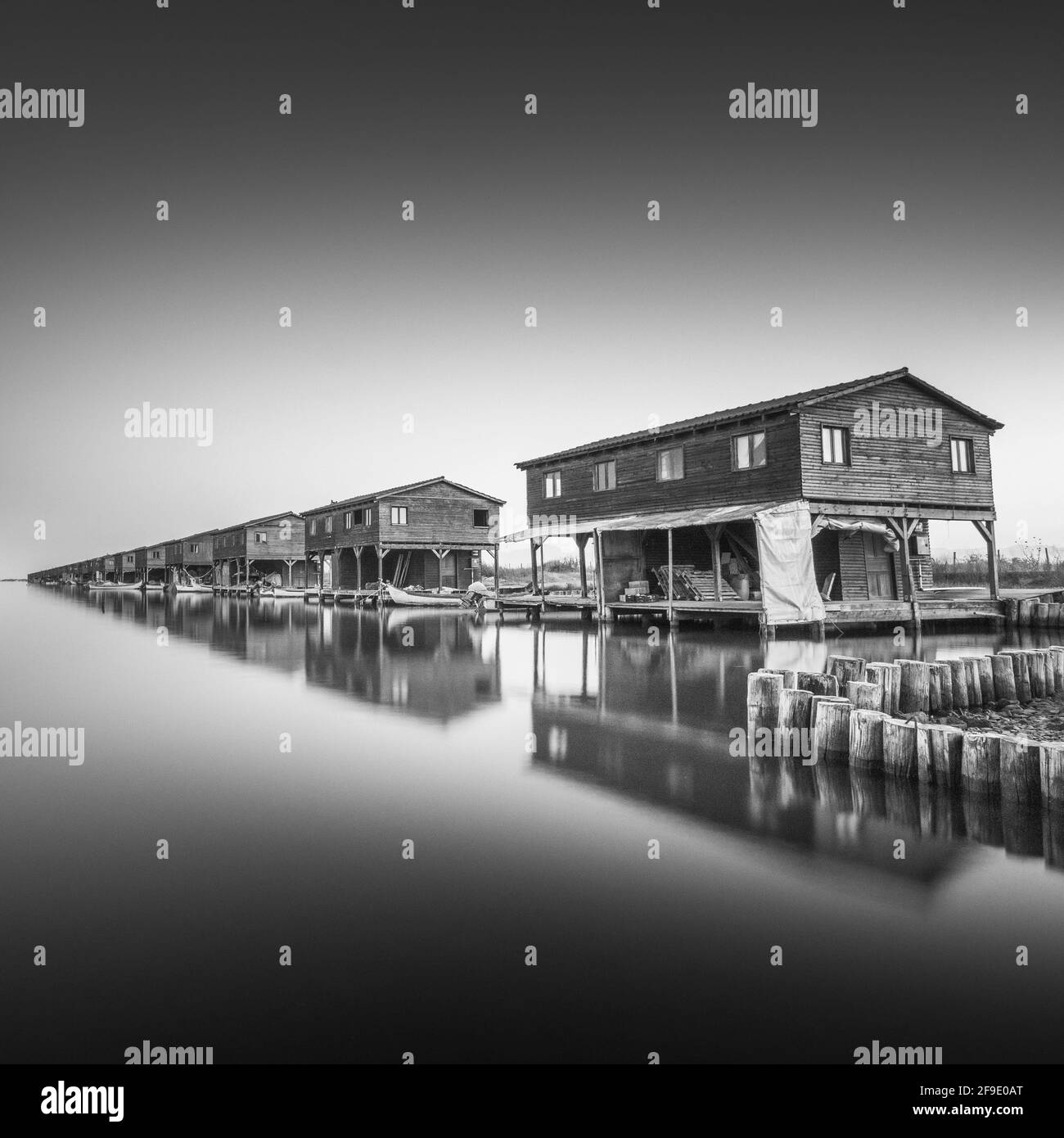 Un cliché noir et blanc d'une rangée de maisons jetée Banque D'Images