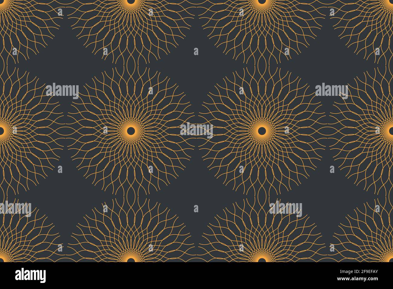 Motif d'arrière-plan abstrait sans couture, avec des lignes courbes formant des cercles dans l'abstraction du soleil. Art vectoriel décoratif en jaune et gris. Banque D'Images