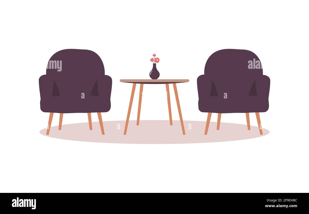 Deux fauteuils bordeaux à pattes de bois et une table basse avec un vase de fleurs. Mobilier pour un salon confortable, hall de l'hôtel ou banque est isolé Illustration de Vecteur