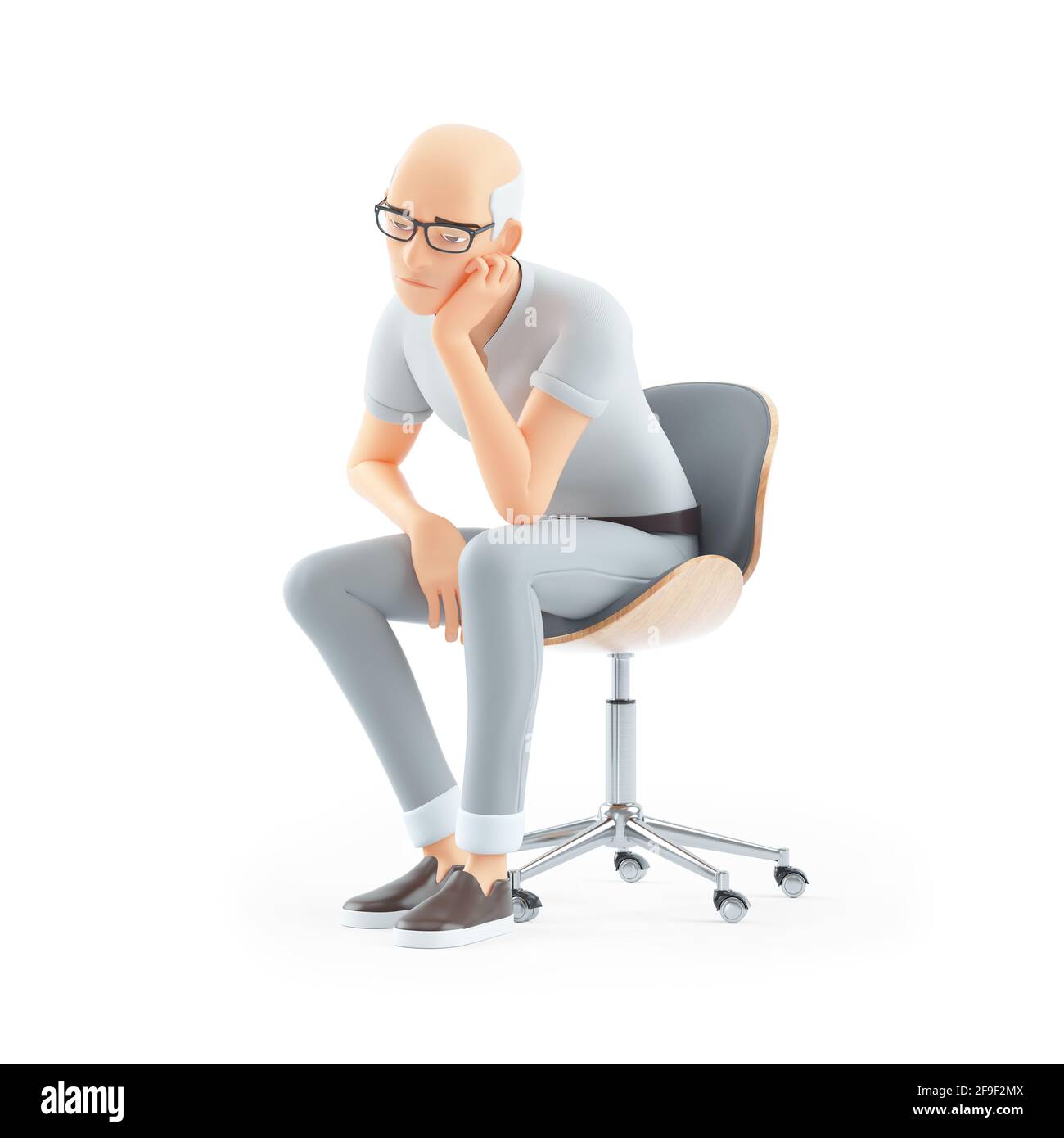 homme senior 3d ennuyé assis sur une chaise, illustration isolée sur fond blanc Banque D'Images