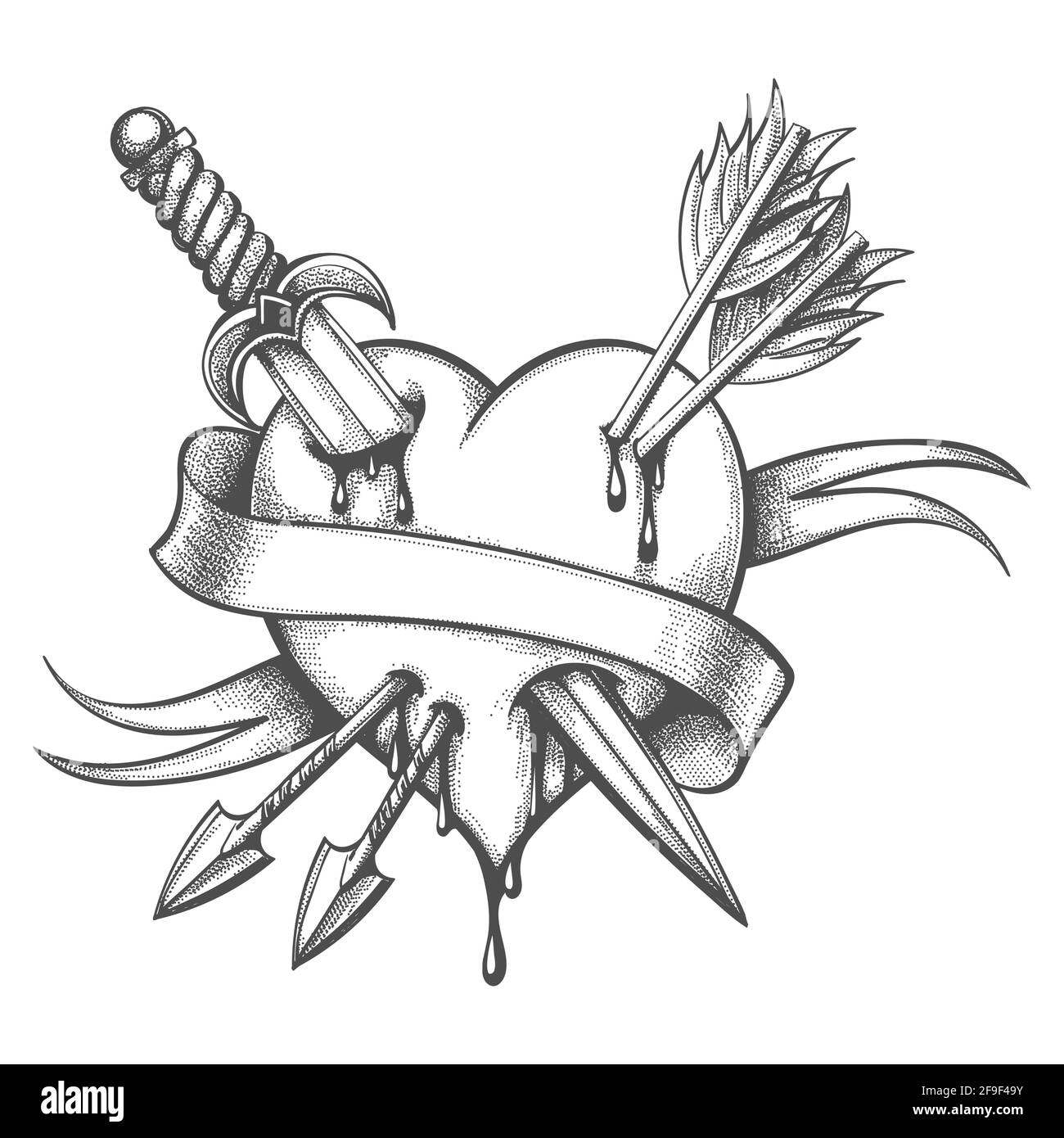 Tatouage de coeur percé par couteau et flèches dessinées en style gravure. Illustration vectorielle. Illustration de Vecteur