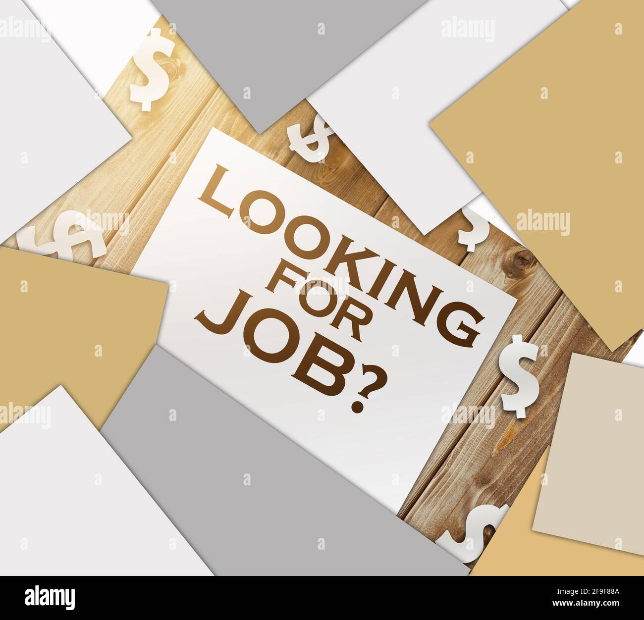 Recherche d'un emploi .mots demandant à quelqu'un de travailler ensemble pour un certain travail ou projet. Page sur toile de fond en bois et panneaux de dollar en papier autour. Conce de carrière Banque D'Images