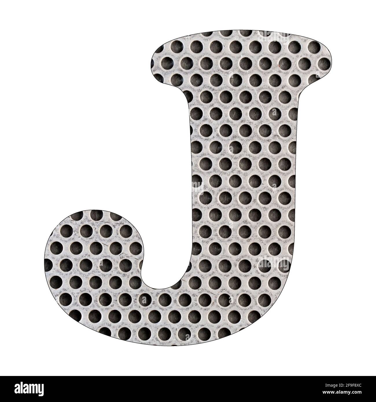 Lettre J de l'alphabet - tôle perforée en acier inoxydable. Arrière-plan blanc Banque D'Images