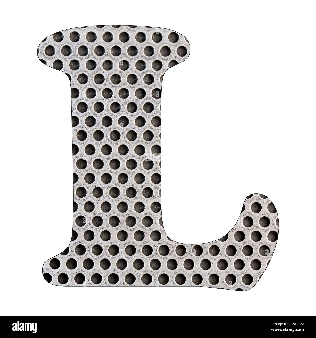 Lettre L de l'alphabet - tôle perforée en acier inoxydable. Arrière-plan blanc Banque D'Images
