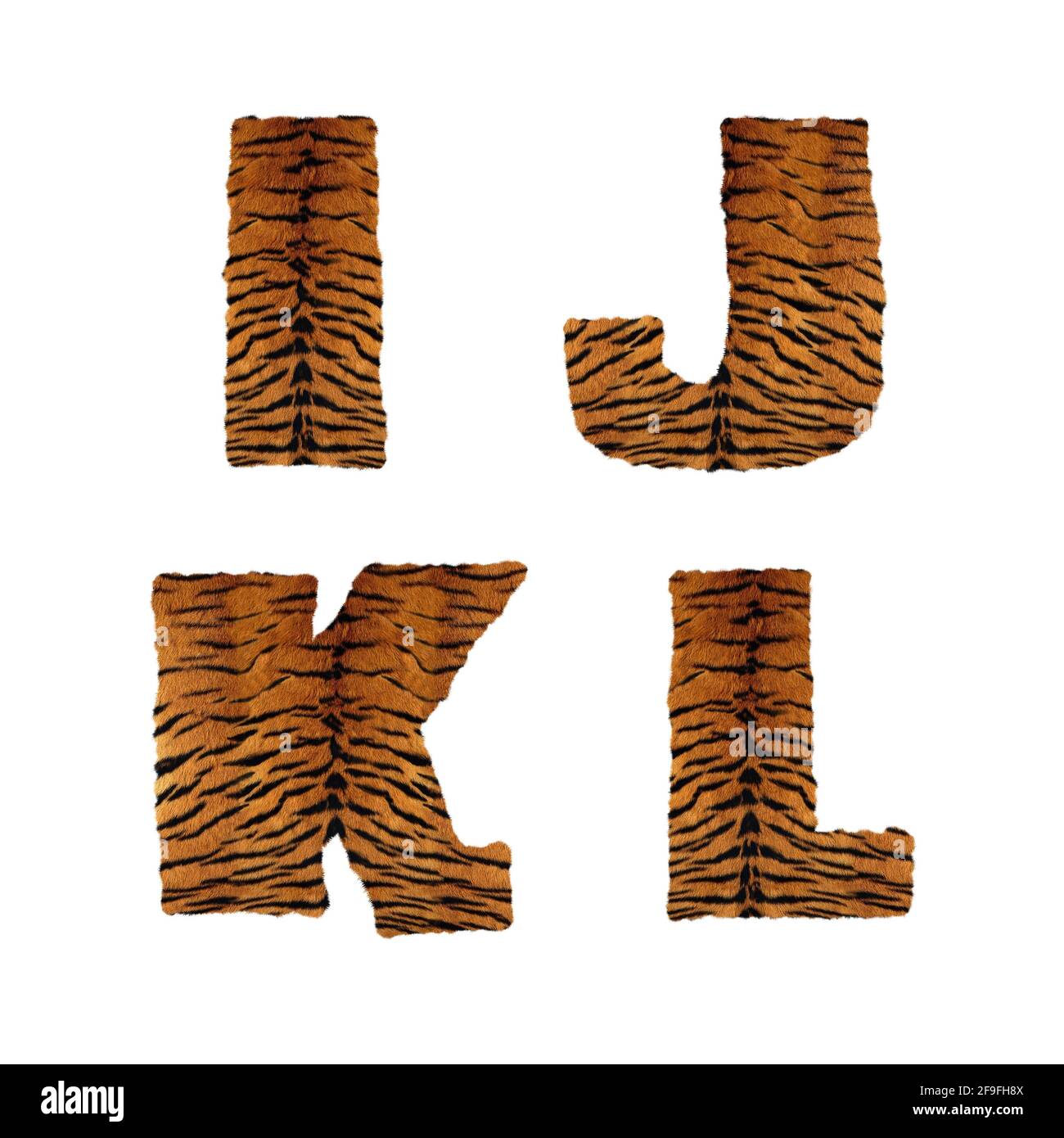 Rendu 3D de l'alphabet de fourrure de tigre - lettres I-L. Banque D'Images