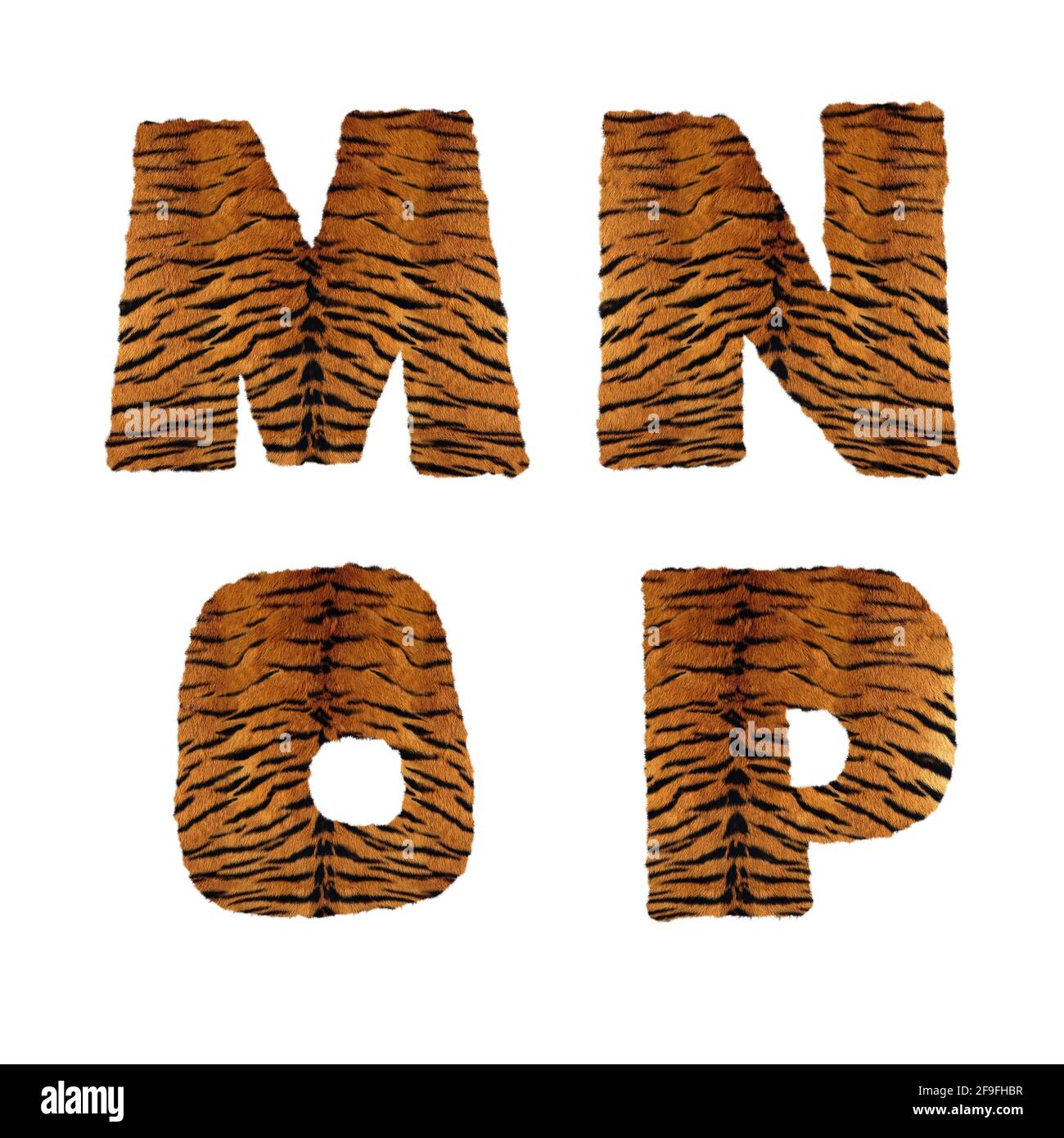 Rendu 3D de l'alphabet de fourrure de tigre - lettres M-P. Banque D'Images