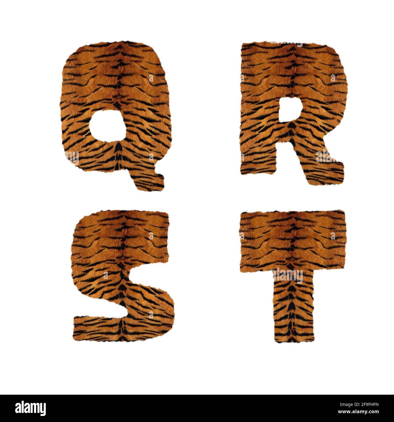 Rendu 3D de l'alphabet de fourrure de tigre - lettres Q-T. Banque D'Images