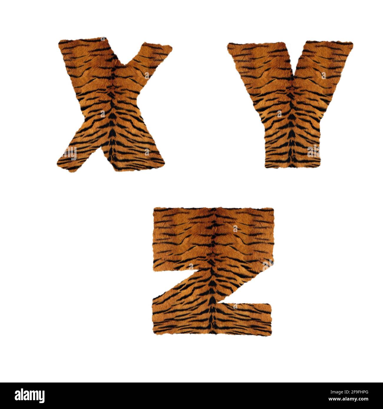 Rendu 3D de l'alphabet de fourrure de tigre - lettres X-Z. Banque D'Images