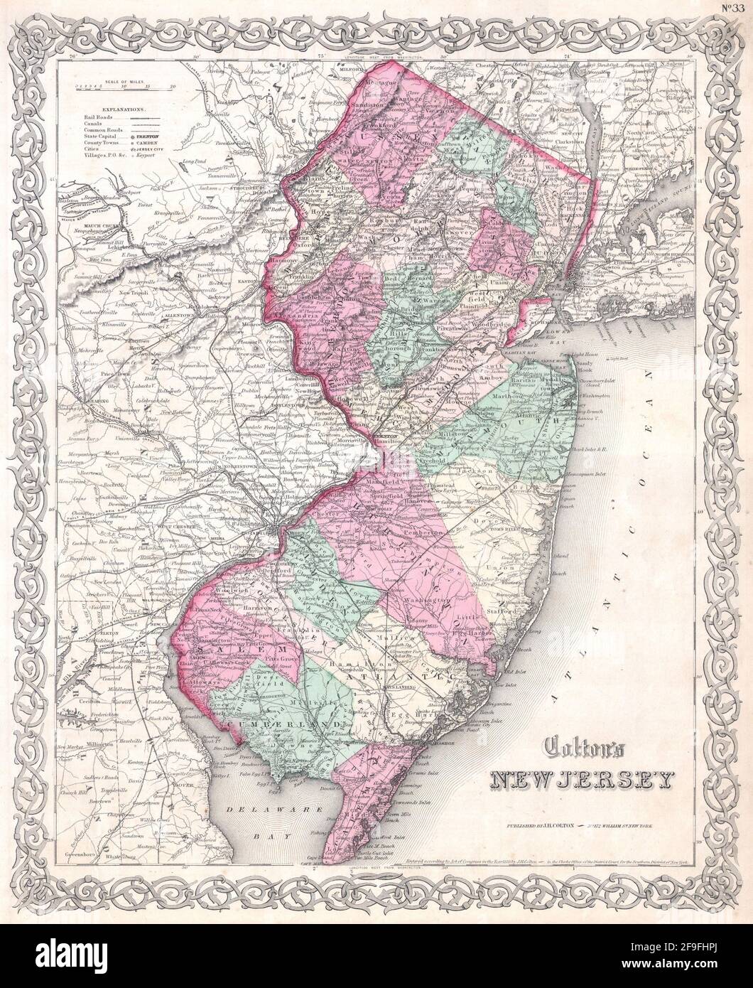 Belle carte de Colton du New Jersey de 1860 avec de belles cartes colorées et des illustrations de pays, de régions et d'océans. Banque D'Images