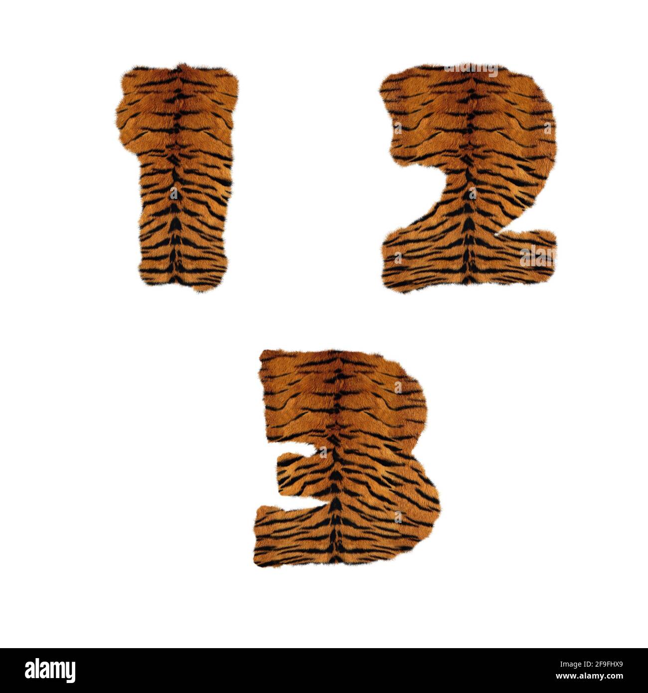 Rendu 3D de l'alphabet de fourrure de tigre - chiffres 1-3 Banque D'Images