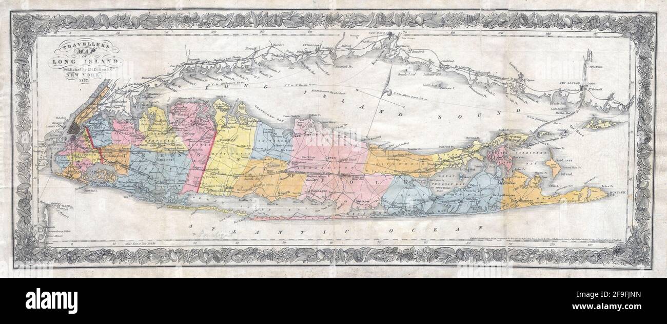 Belle carte de Colton de long Island datant de 1860 avec de belles cartes colorées et des illustrations de pays, de régions et d'océans. Banque D'Images