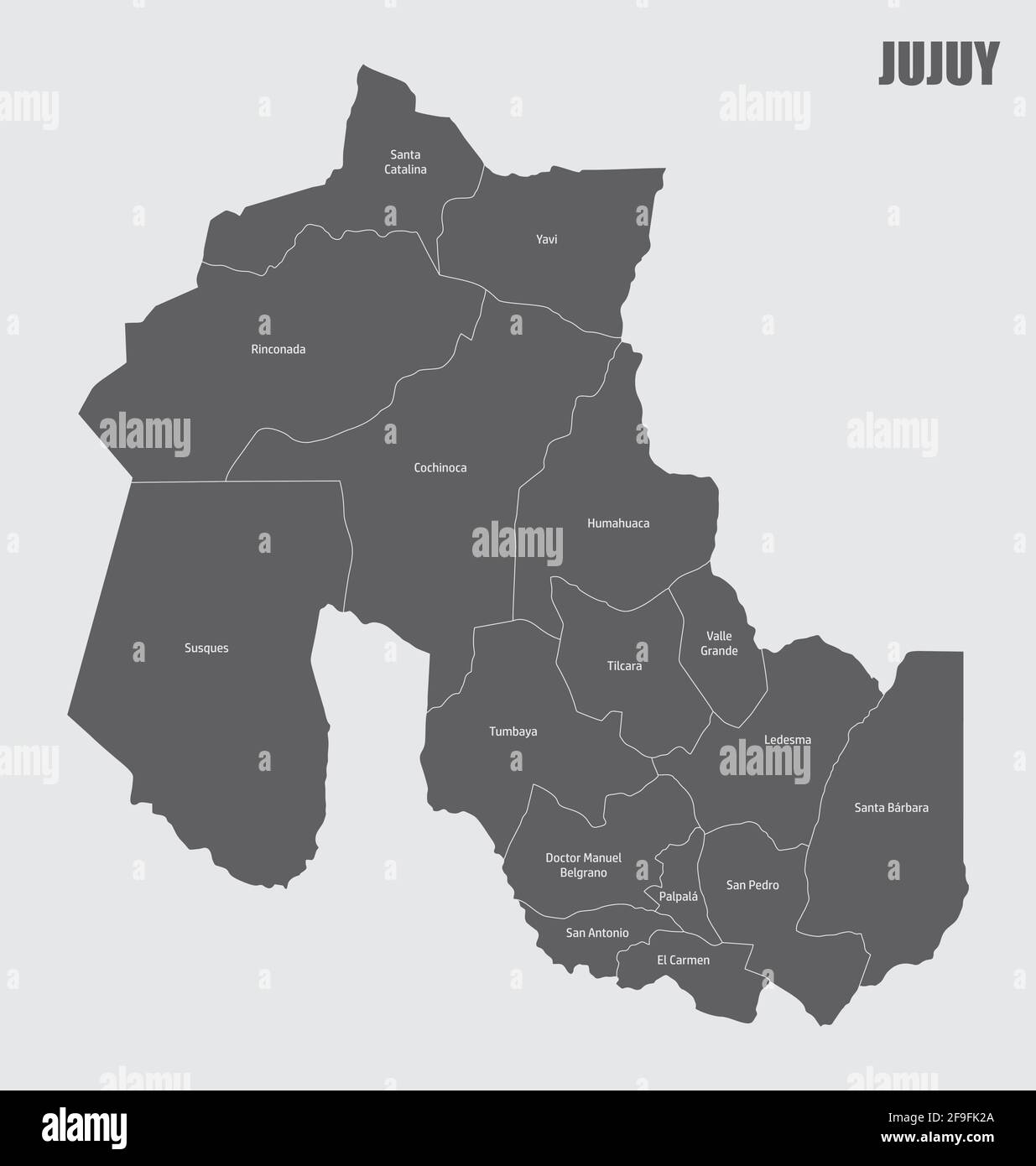 La carte isolée de la province de Jujuy est divisée en départements avec des labels, Argentine Illustration de Vecteur