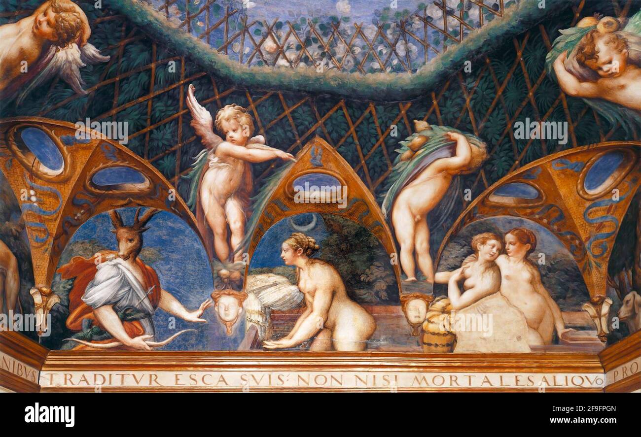 Parmigianino, Fontanellato. Fresque de Diana et d'Actaeon dans la Rocca Sanvitale, Fontanellato, par le peintre Manneriste italien Girolamo Francesco Maria Mazzola (1503-1540) Banque D'Images