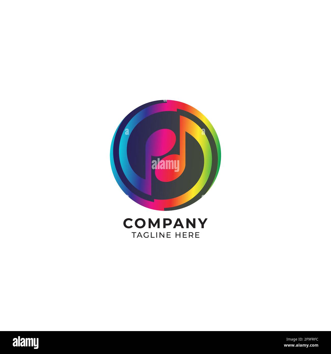 Modèle de conception de logo de note musicale circulaire thunder. Concept de logo Yinyang avec forme d'ellipse noire derrière. Dégradé de couleurs arc-en-ciel. Illustration vectorielle Illustration de Vecteur