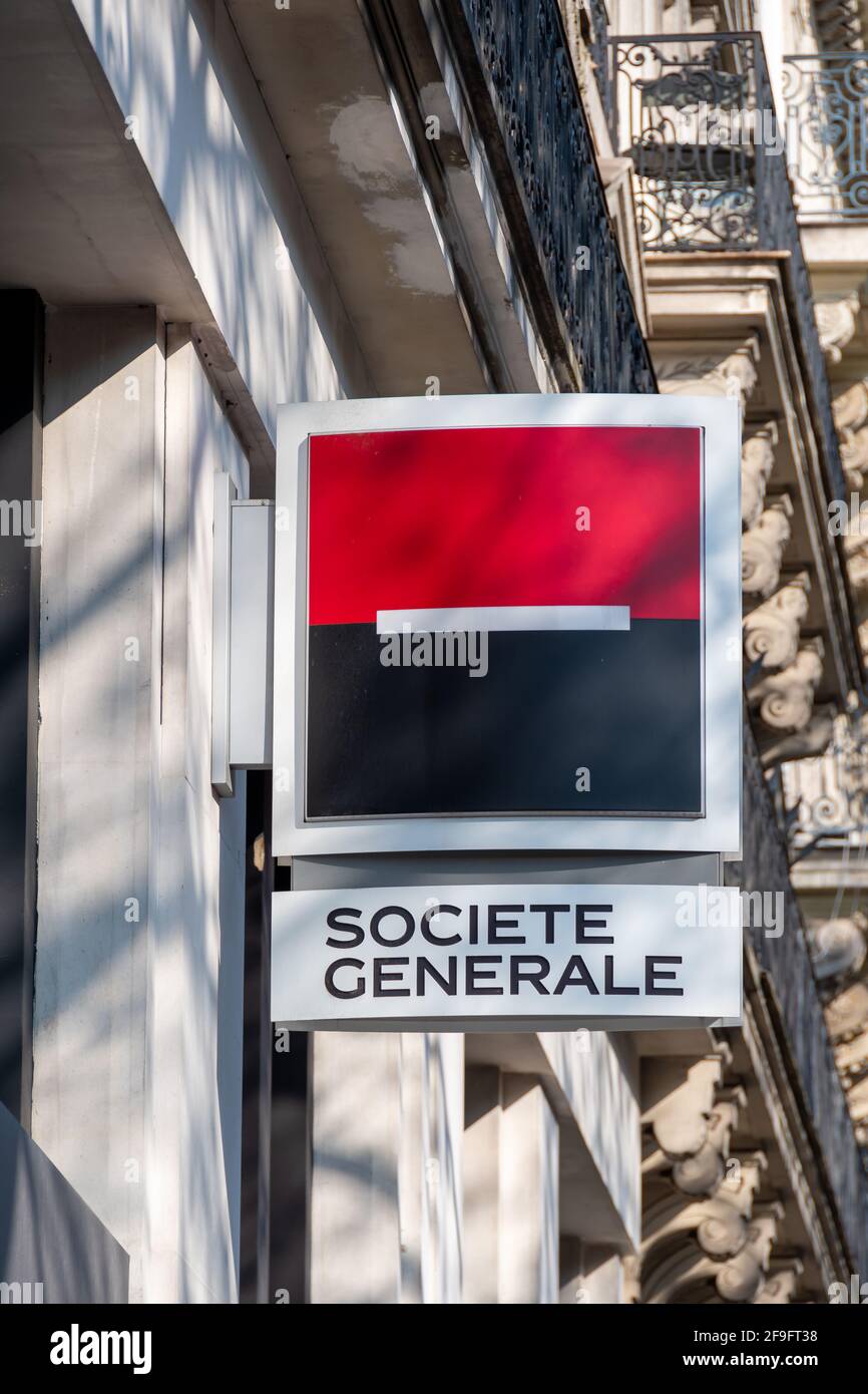 Signature d'une agence de la banque française Société générale Banque D'Images