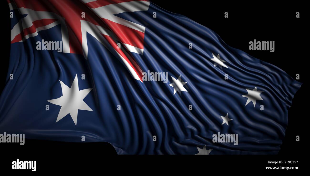 Symbole de l'Australie. Drapeau national australien sur fond noir, bannière. illustration 3d Banque D'Images