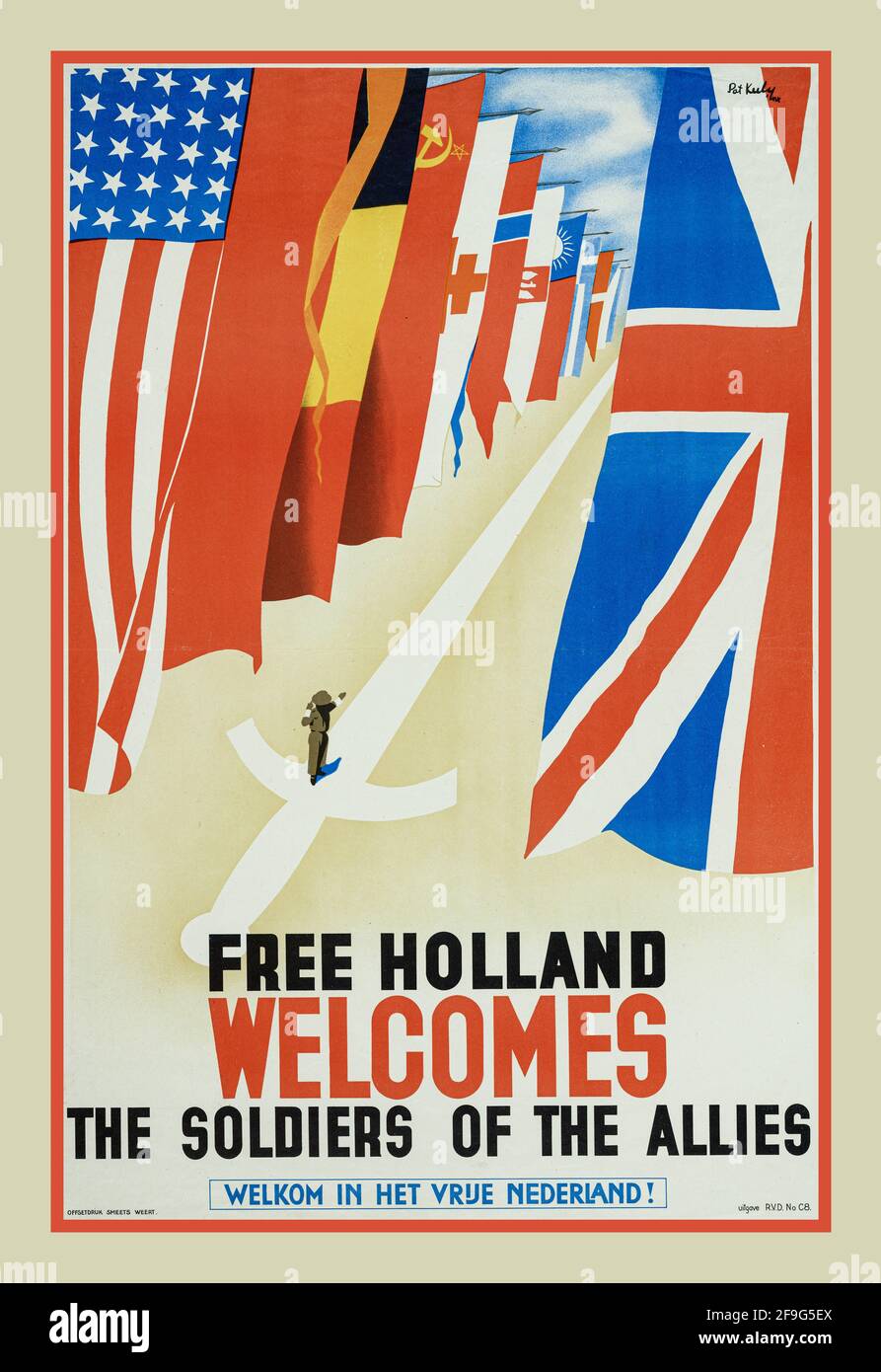 Vintage WW2 Dutch Propaganda Poster 'Free Holland accueille les soldats De la Seconde Guerre mondiale des alliés par Pat Keely 1944 Hollande Nederlands Seconde Guerre mondiale Banque D'Images