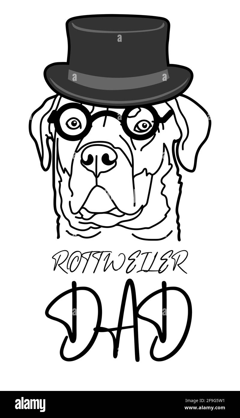 Rottweiler chien race portrait d'animal de compagnie porter chapeau et lunettes, et lettrage manuscrit, Rottweiler papa, isolé sur fond blanc, vecteur illustrateur Illustration de Vecteur