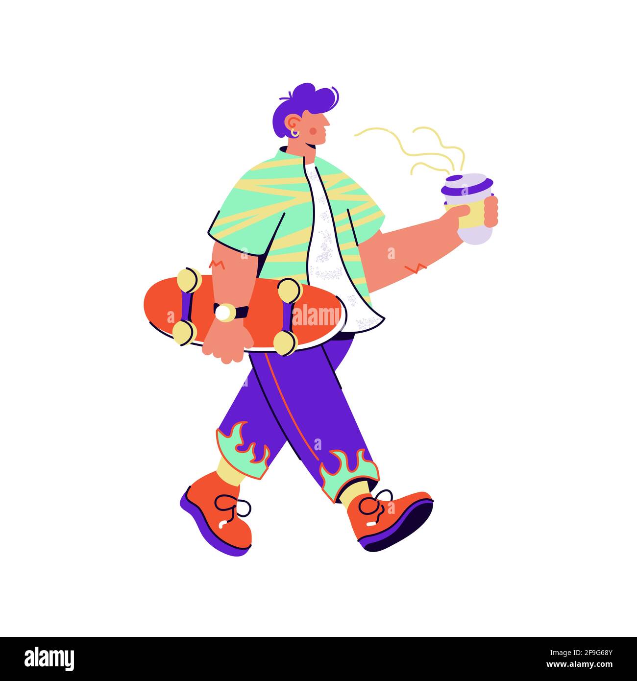 Illustration vectorielle d'un skateur élégant avec planche à roulettes pour porte-tasse de café isolée sur fond blanc. Jeune sportif de marche couleur conception plate. Han Illustration de Vecteur