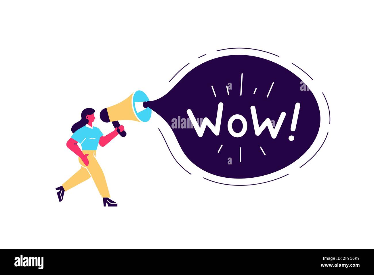 L'art vectoriel de la femme avec le mégaphone et la bulle noire avec le mot Wow courant sur fond blanc. Prêter attention aux informations sur la concession de service de marchandises Illustration de Vecteur