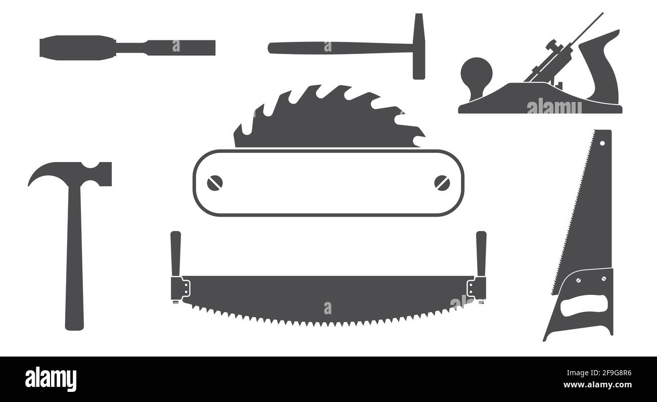 Outils de menuiserie, modèle d'étiquettes. Emblème de scierie. Illustration vectorielle plate isolée sur blanc. Illustration de Vecteur