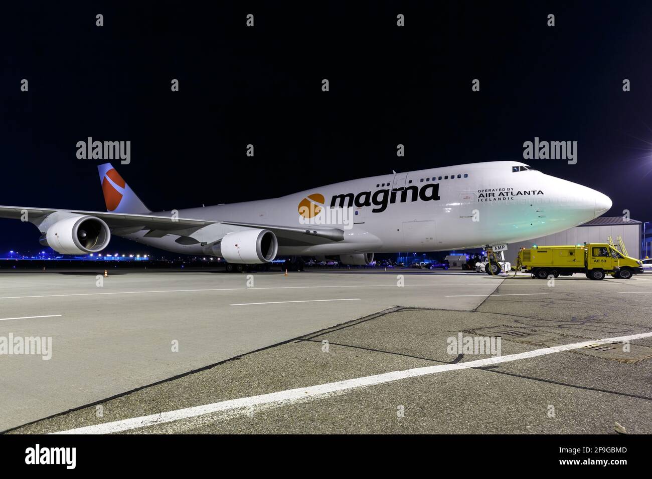 Stuttgart, Allemagne - 7 février 2018 : avion Air Atlanta Icelandic Magma Boeing 747-400BCF à l'aéroport de Stuttgart (STR) en Allemagne. Boeing est un airc Banque D'Images