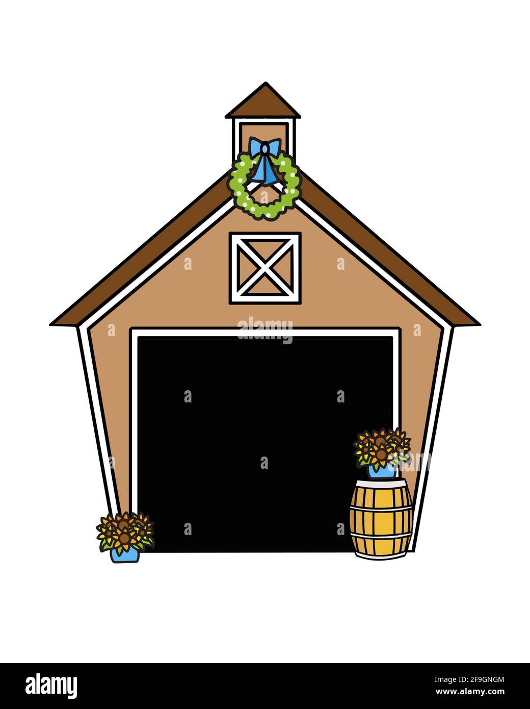 Illustration d'une grange décorée pour un événement ou un mariage. Tonneau à vin, fleurs et couronne. Arrière-plan blanc. Banque D'Images