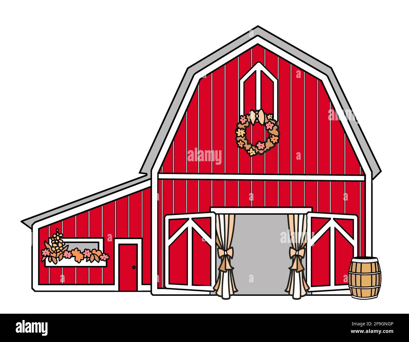 Illustration clip art d'une grange rouge décorée pour un événement spécial ou un mariage. Banque D'Images