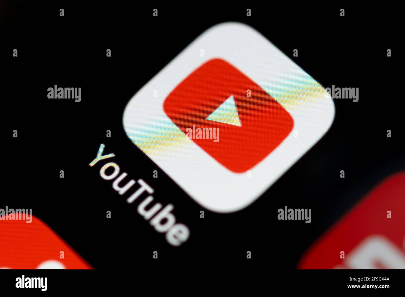 YouTube, logo, icône d'application, Anzeige auf einem Bildskirm vom Handy, smartphone, Makroaufnahme, détail, formatfuellend Banque D'Images