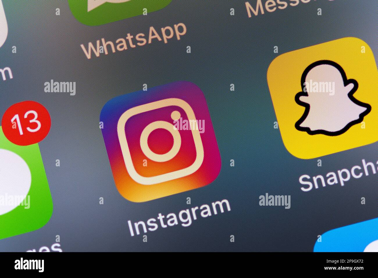 Instagram, Snapchat, logo, icône d'application, Anzeige auf einem Bildskirm vom Handy, smartphone, Soziales Netzwerk, médias sociaux, Makroaufnahme, Détails Banque D'Images