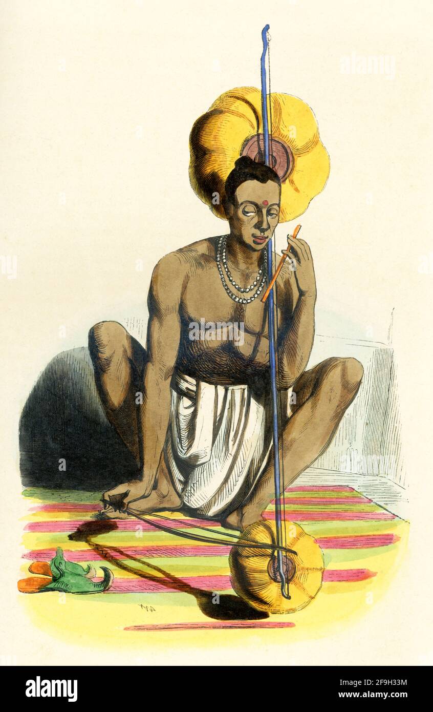 Cette illustration des années 1840 montre un homme hindou jouant un pena, Pena, également connu sous le nom de Tingtelia, est un instrument à cordes simples relevant de la catégorie des luth, semblable à certains des instruments de musique traditionnels indiens à cordes tels que Ravanahatha, UBO ou Kenda, trouvés dans diverses parties du pays. Banque D'Images