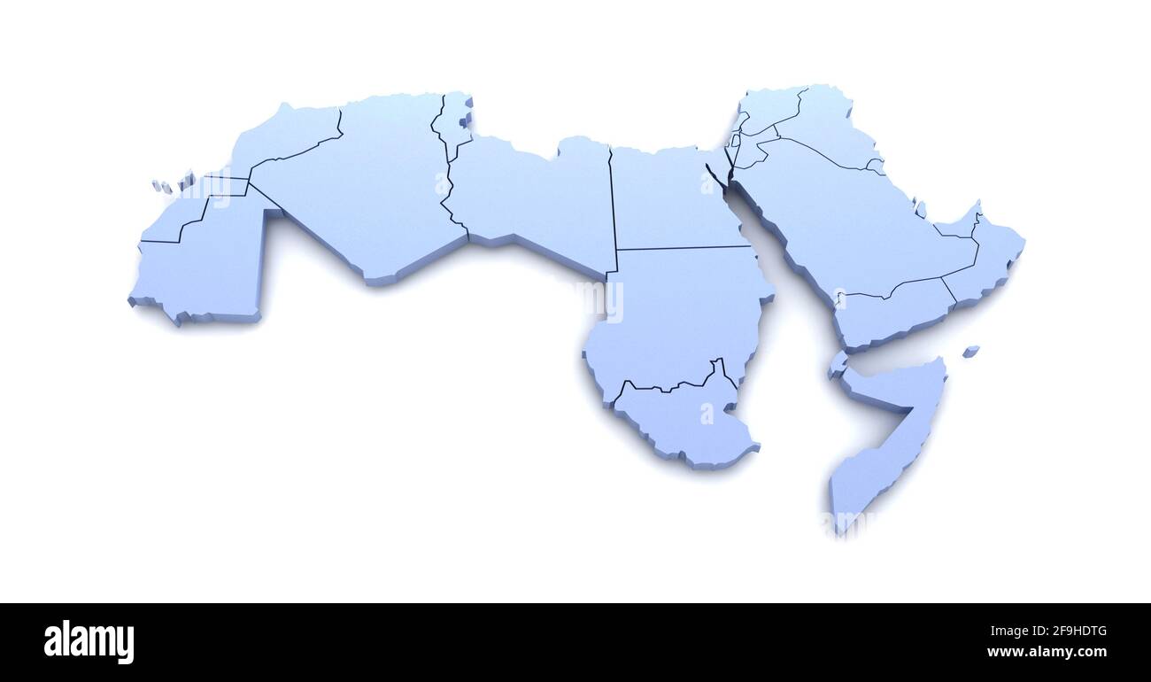 Union arabe. Les pays du Moyen-Orient cartographier et arborent des illustrations 3D sur fond blanc. Banque D'Images