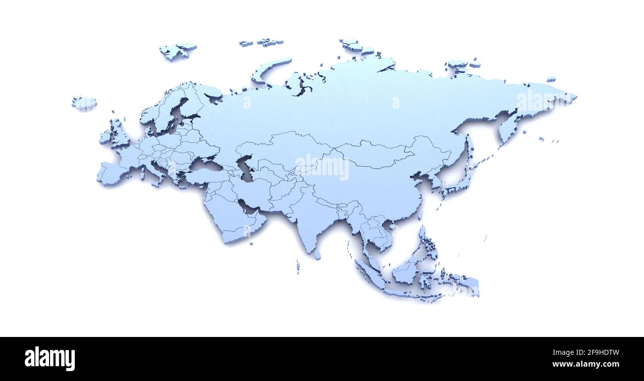 Carte des pays d'Eurasie et illustrations en 3D sur fond blanc. Banque D'Images