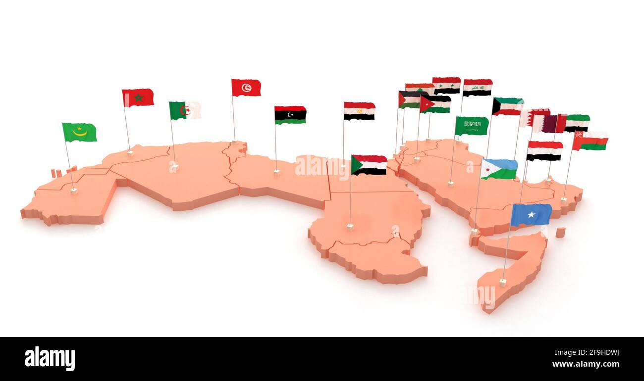 Union arabe. Les pays du Moyen-Orient cartographier et arborent des illustrations 3D sur fond blanc. Banque D'Images