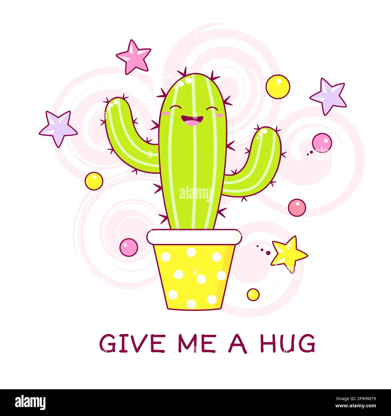Donnez-moi un câlin. Kawaii cactus demandant des hugs. Affiche pour la garderie, carte de vœux, imprimé, bannière pour l'intérieur de la maison, t-shirt enfant. Illustration vectorielle EPS Illustration de Vecteur