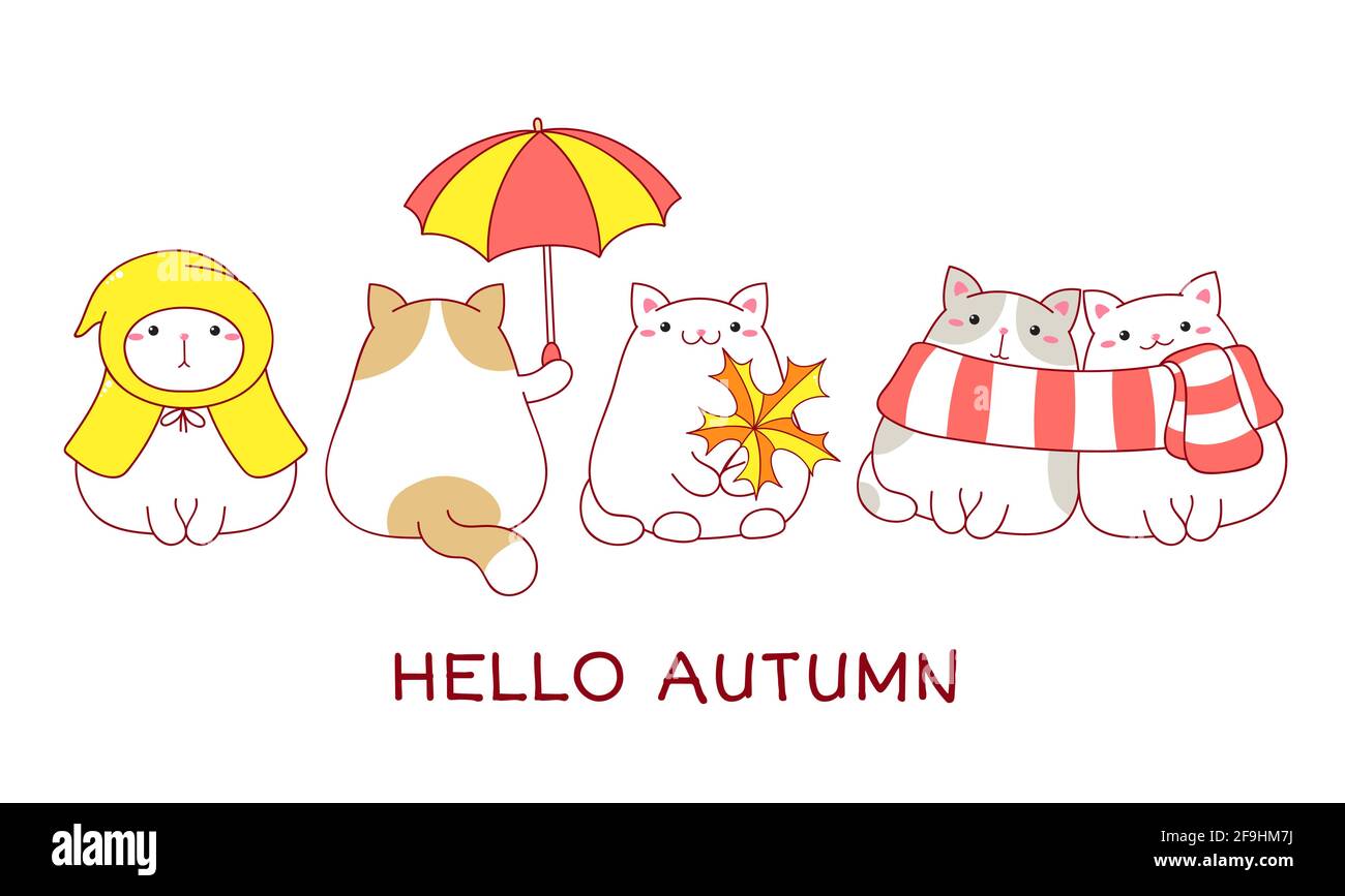 Bonjour automne. Collection d'automne de chats gras mignons en foulards, imperméable, avec parapluie et feuille d'érable. Ensemble de chats charmants dans le style kawaii. Illustrateur vectoriel Illustration de Vecteur