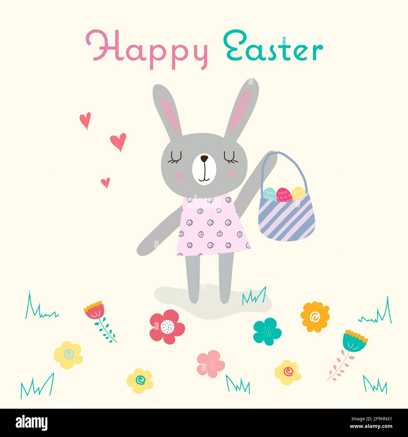Carte de vœux joyeuses Pâques avec une petite fille de lapin de pâques vêchée, œufs peints et un panier entouré de fleurs et d'herbe. Lumineux, drôle, mignon modifiable Illustration de Vecteur