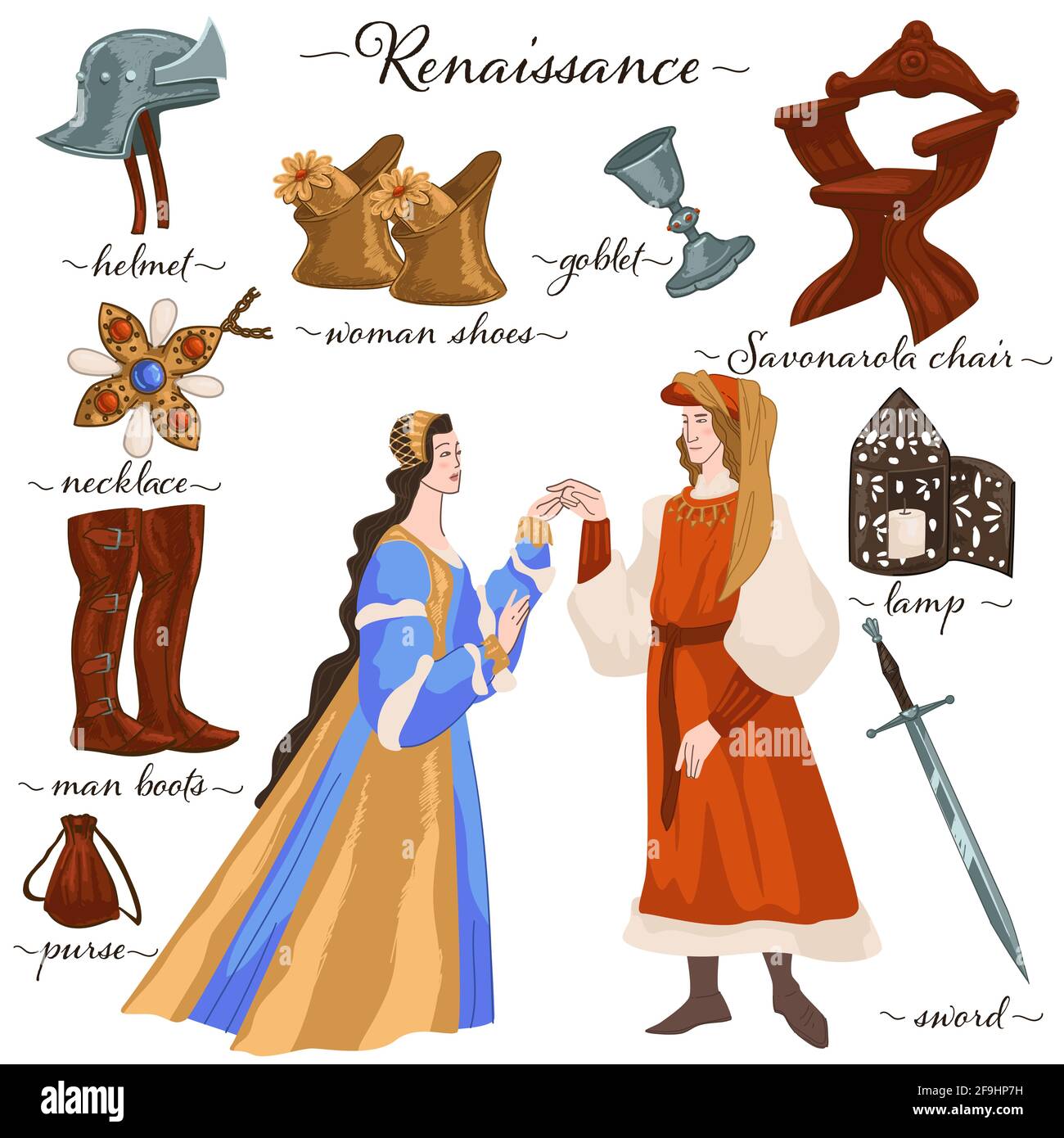 Homme et femme de la Renaissance dans des vêtements traditionnels Illustration de Vecteur