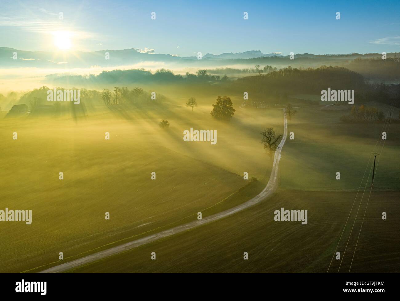 Vous assisterions au lever du soleil sur une vaste ferme verte pendant une matinée brumeuse/brumeuse. Banque D'Images