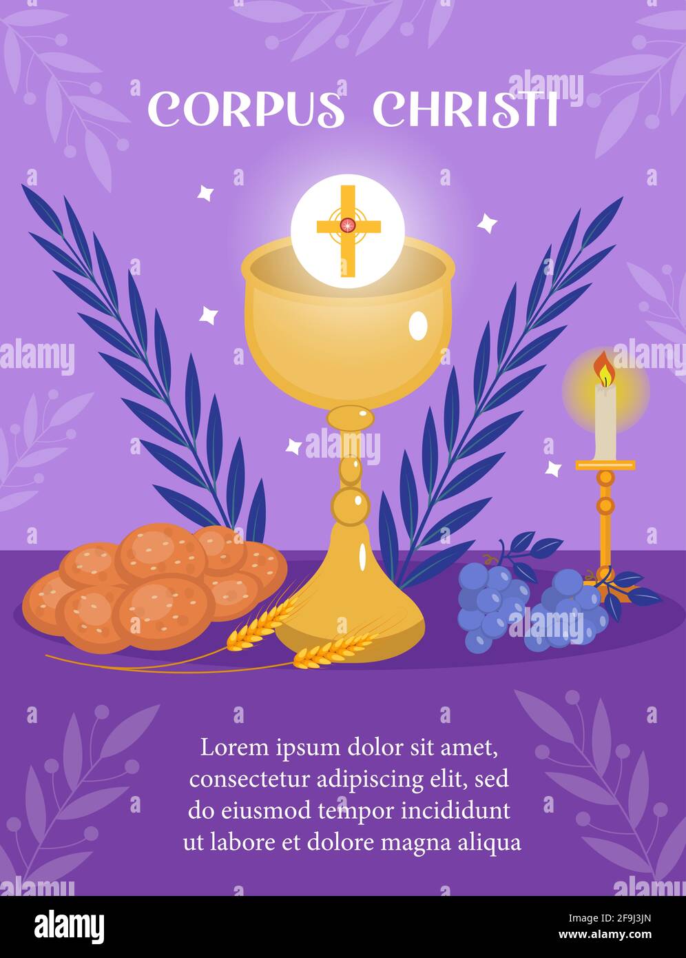 Carte de vœux religieuse catholique de Corpus Christi, modèle pour votre conception. Fête, croix, pain, raisins. Illustration vectorielle Illustration de Vecteur