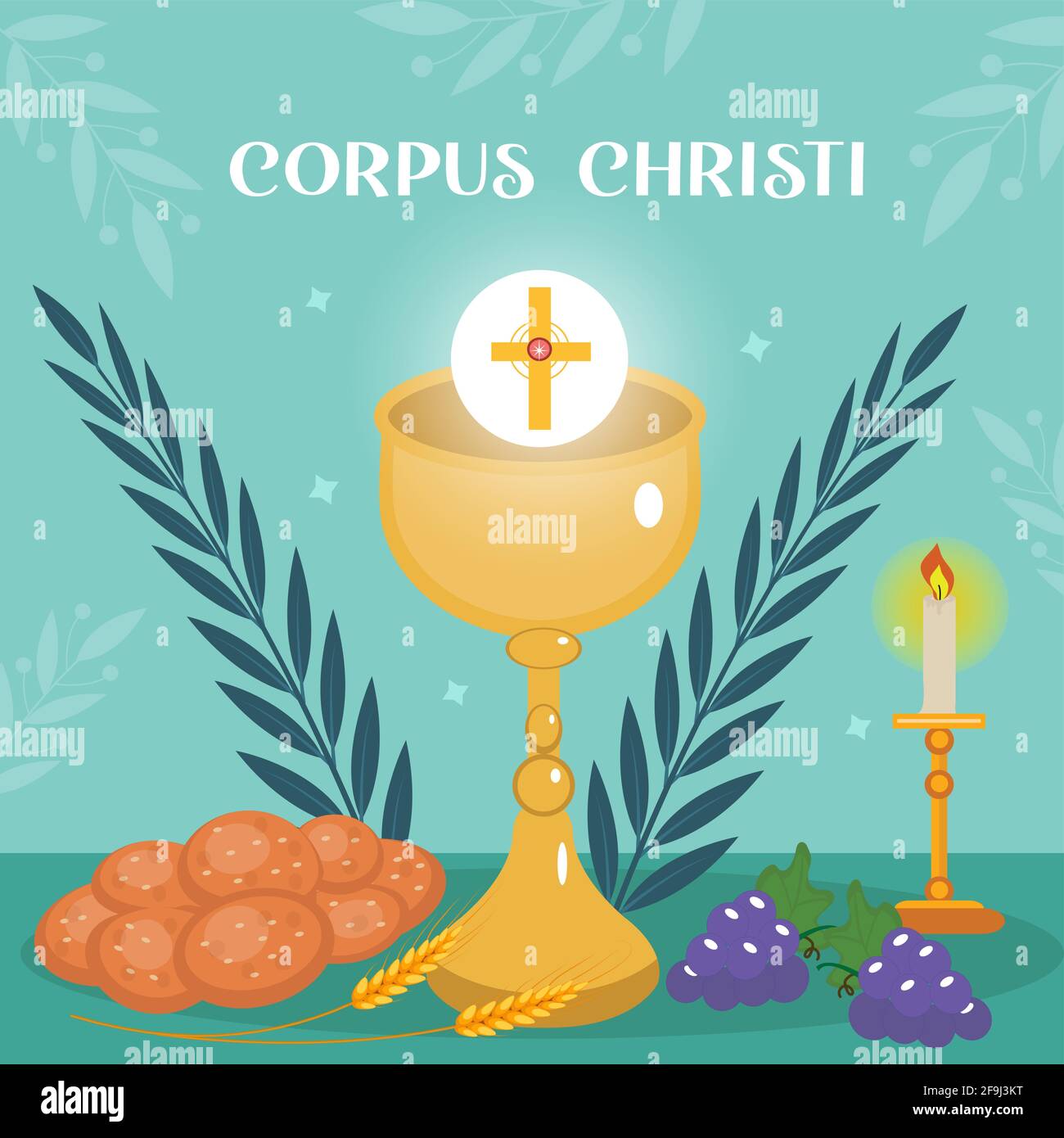 Carte de vœux religieuse catholique de Corpus Christi, modèle pour votre conception. Fête, croix, pain, raisins. Illustration vectorielle Illustration de Vecteur