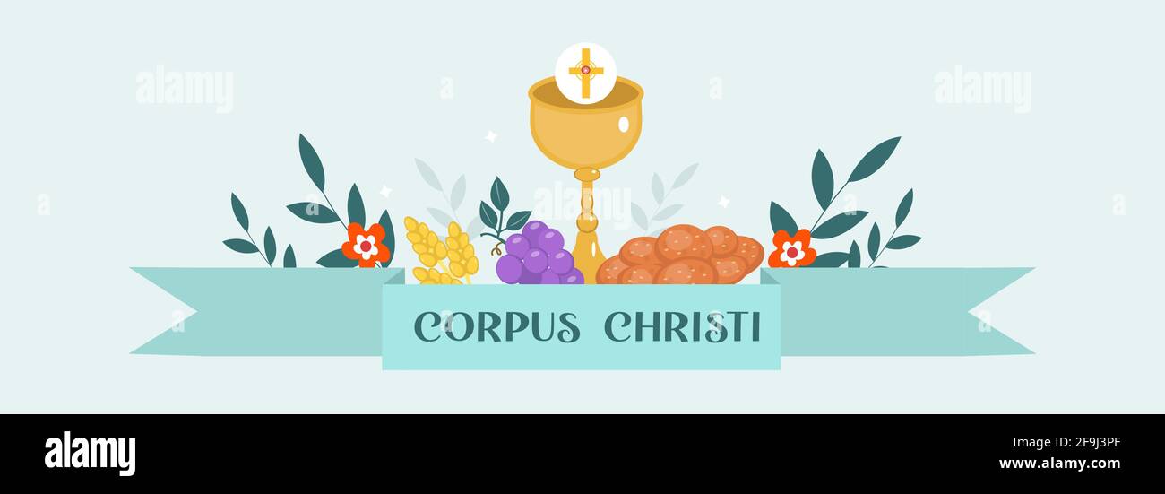 Carte de vœux religieuse catholique de Corpus Christi, modèle pour votre conception. Fête, croix, pain, raisins. Illustration vectorielle Illustration de Vecteur
